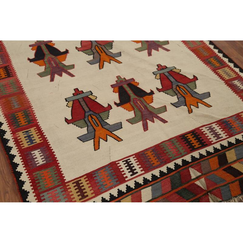 Vegetable Dye Kilim Qashqai Persian Antique Rug Flatweave Wool Carpet - 5'0"x 7'9"