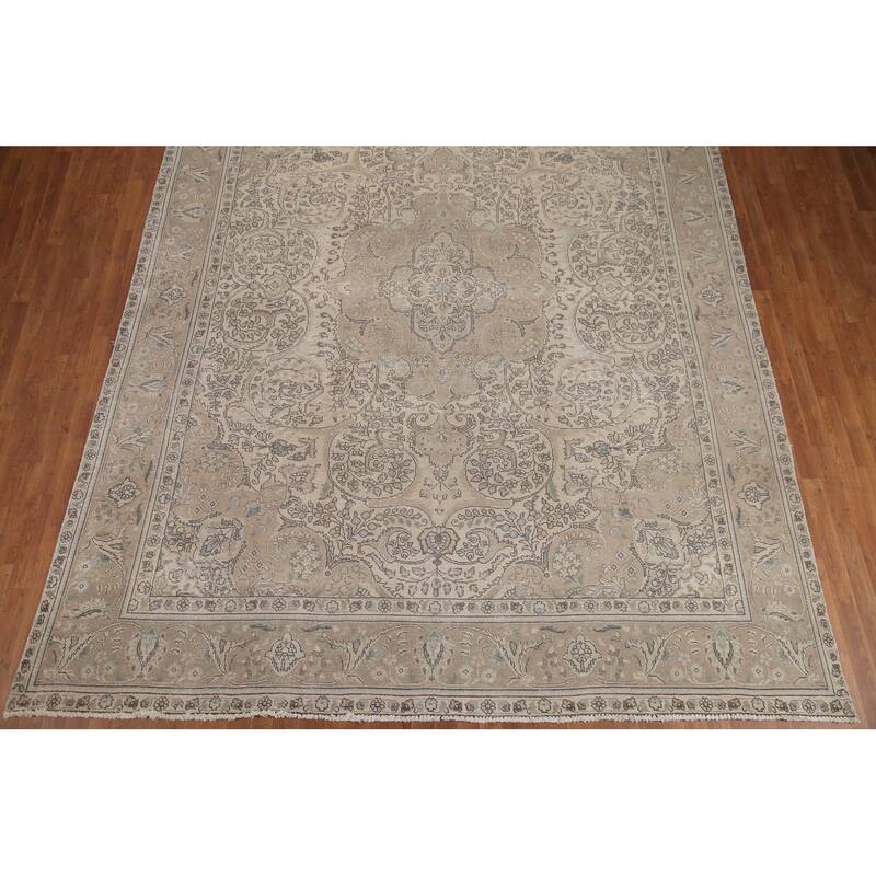 Hand Knotted Oriental 100% Wool Carpet Traditional Floral Beige & Ivories Tabriz Area Rug - 12' 7'' X 10' 0''