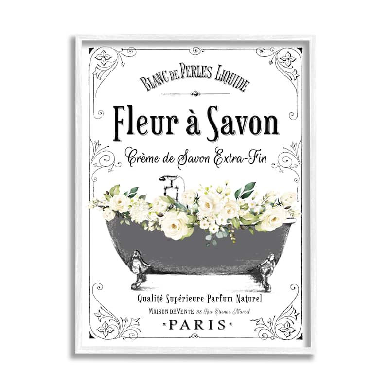 Stupell Fleur a Savon Vintage Parisian Bathroom Floral Tub Framed Wall Art - White