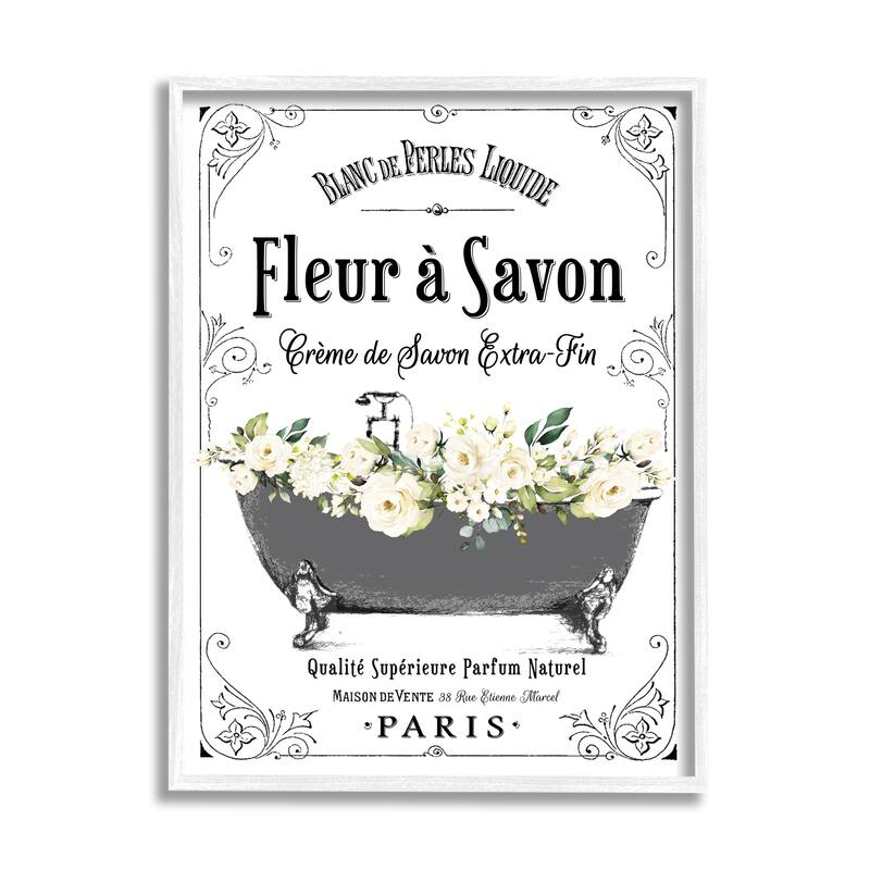 Stupell Fleur a Savon Vintage Parisian Bathroom Floral Tub Framed Wall Art - White