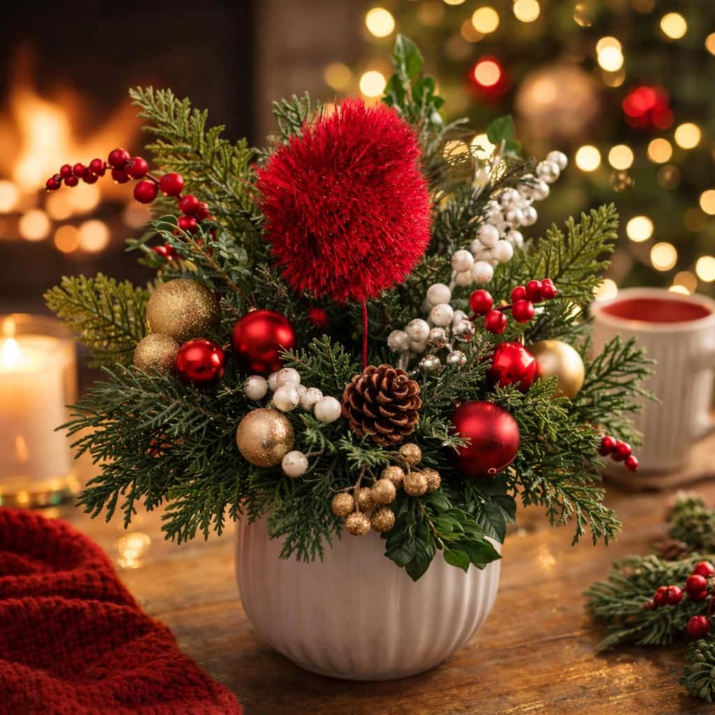 Glittered Pom Pom Christmas Pick Spray - 10" - Red