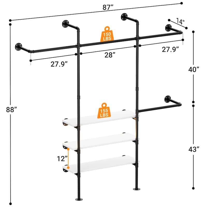 87"W Industrial Pipe Clothing Racks with LED Lights & Open Shelves,Reversible Walk-in Closet Oraganizer System Garment Racks