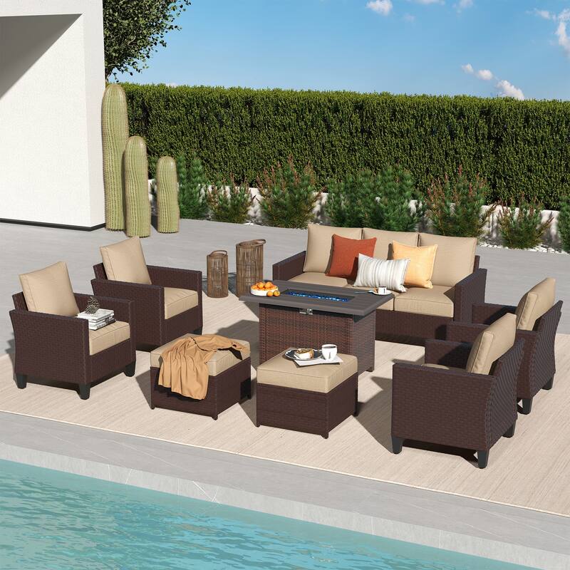 Patio 8-piece Wicker Sectional Sofa Set with Fire Pit