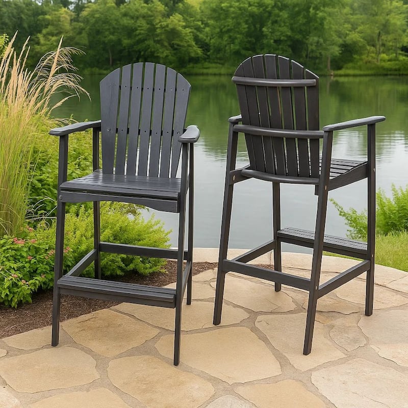 Outdoor Barstool Chair Set of 2, Rustic Slatted Back, Dark Gray Wood