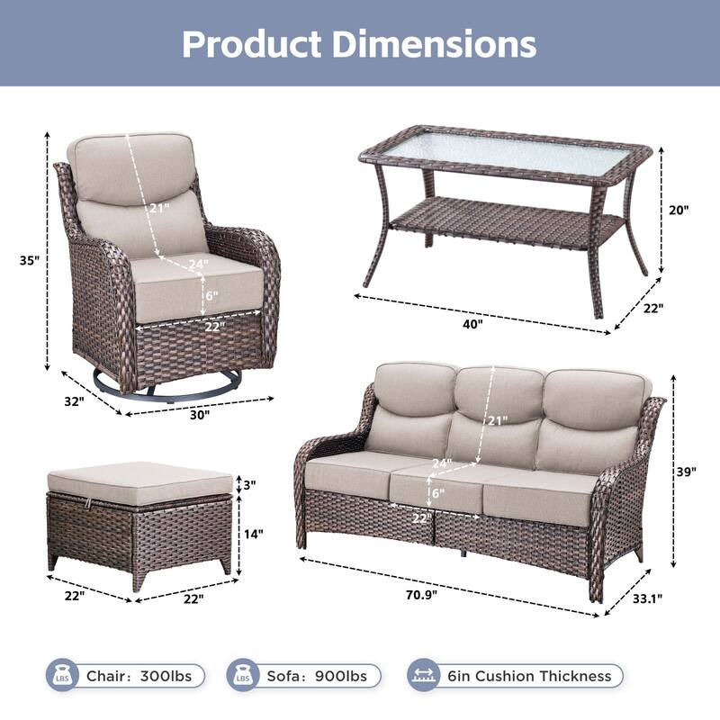 Arcadia 8-Piece Wicker Patio Conversation Set with Swivel Gliders and 6-Inch Thick Olefin Cushions