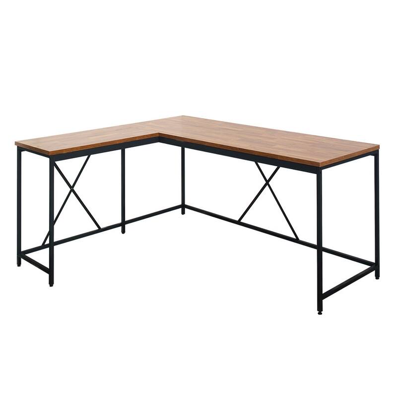 Posy Corner Desk, L Shaped Black Metal Frame, X Crossed, Oak Brown Wood Top