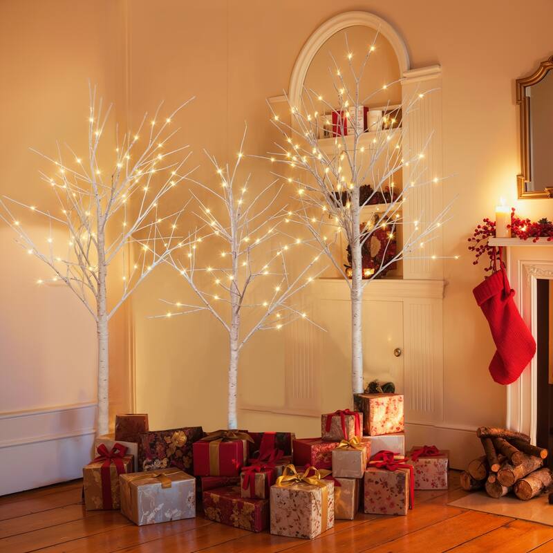 Roomfitters Set of Artificial Birch Trees, 4FT 5FT 6FT Holiday Decoration with Warm White Lights for Indoor, White
