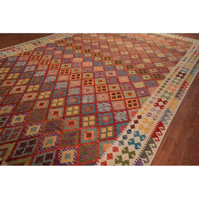 Trellis Geometric Kilim Oriental Large Rug Flatweave Wool Carpet - 10'4" x 16'0"
