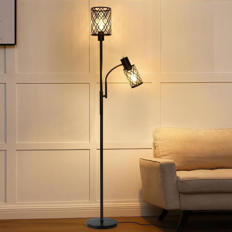 72" Farmhouse Floor Lamps, Floor Lamp with Adjustable Reading Lamp, 2-Light Tall Standing Lamps with 2 Edison Bulbs, 6W