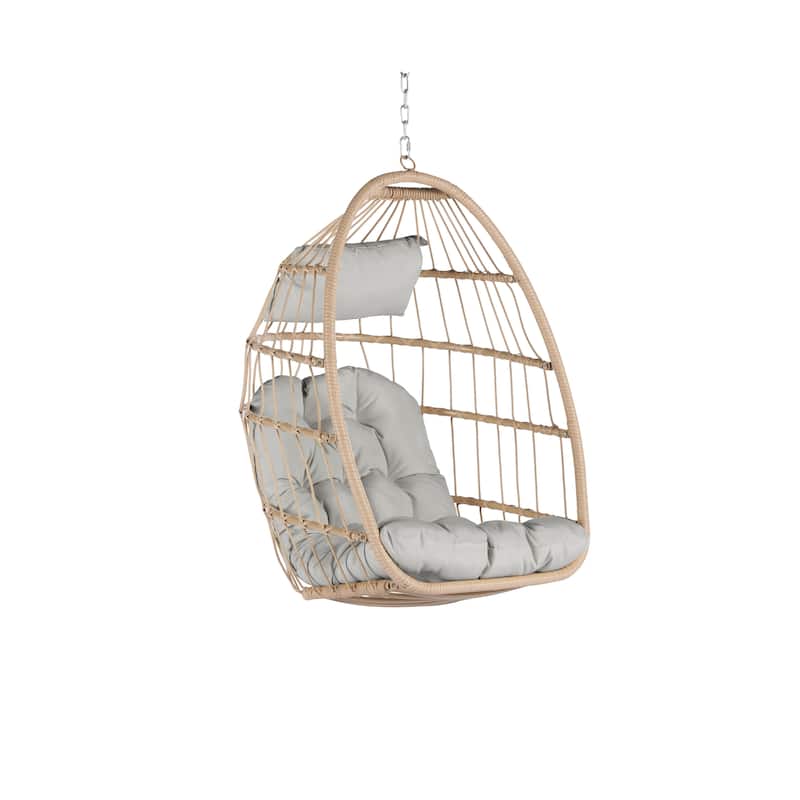Outdoor Garden Rattan Egg Swing Chair, Hanging Chair Wood with Waterproof Cushions, Galvanized Steel Frame for Patio, Garden