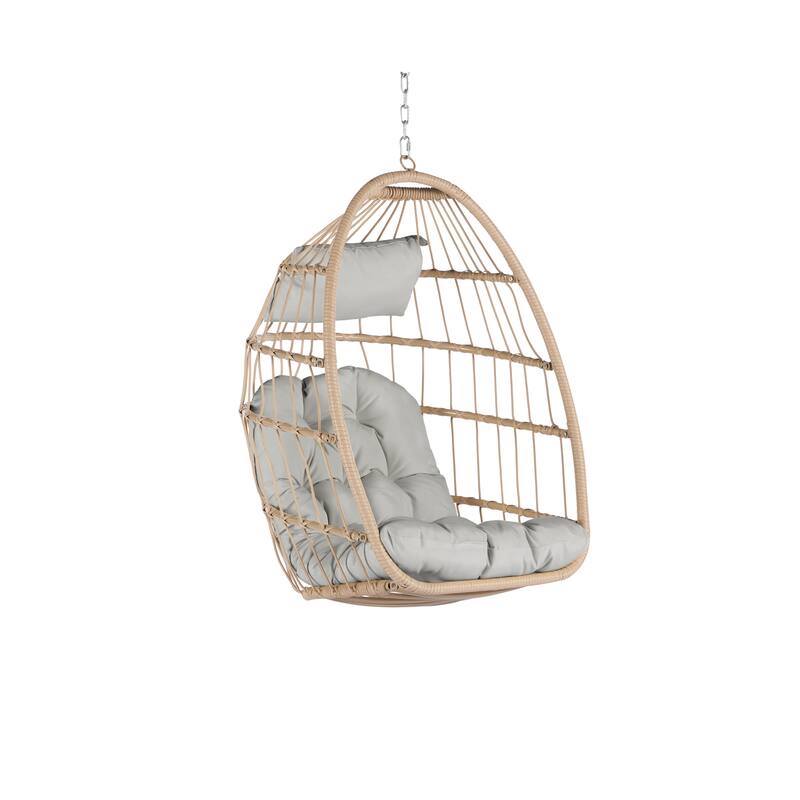 Rattan Egg Hanging Chair with UV-Resistant PE Wicker with Wood Frame and Waterproof Cushion