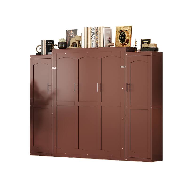 Quality Multifunctional Full Size Murphy Bed, Foldable Wooden Wall Bed w/ 2 Wardrobe & Storage Shelf for Guestroom, Bedroom
