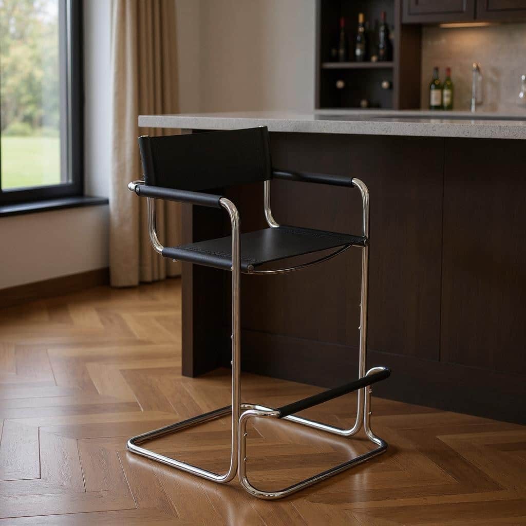 HomeRoots 30" Black and Silver Leather and Steel Bar Height Bar Chair