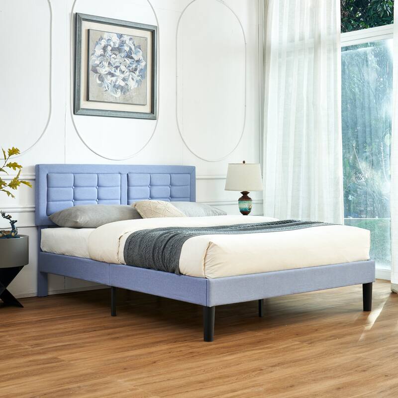 VECELO Bed Frame with Adjustable Headboard Upholstered Button Tufted Platform Bedframe with Wood Slats Support
