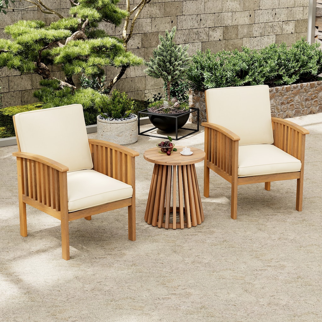 3 Pieces Patio Set Outdoor Acacia Wood Furniture Sets-Modern Club Chair Conversation Sets with Side Table