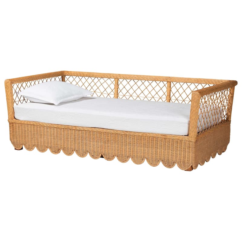 Teresa Natural Rattan Daybed - Handwoven Sofa Bed Frame with Scalloped Edge and Open Lattice Back, Coastal Boho Style, Twin - Light Honey
