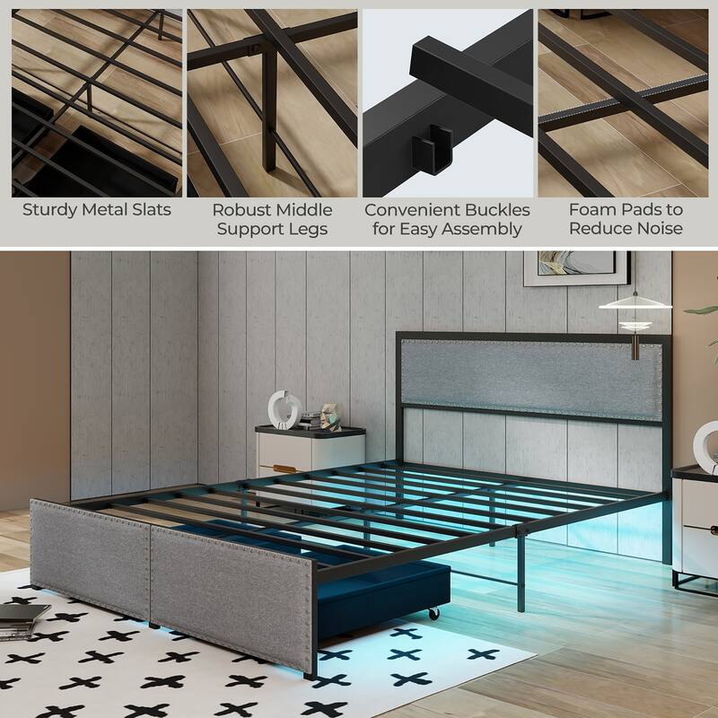Gymax Queen Size Bed Frame w/ 2 Storage Drawers LED Lights Slats