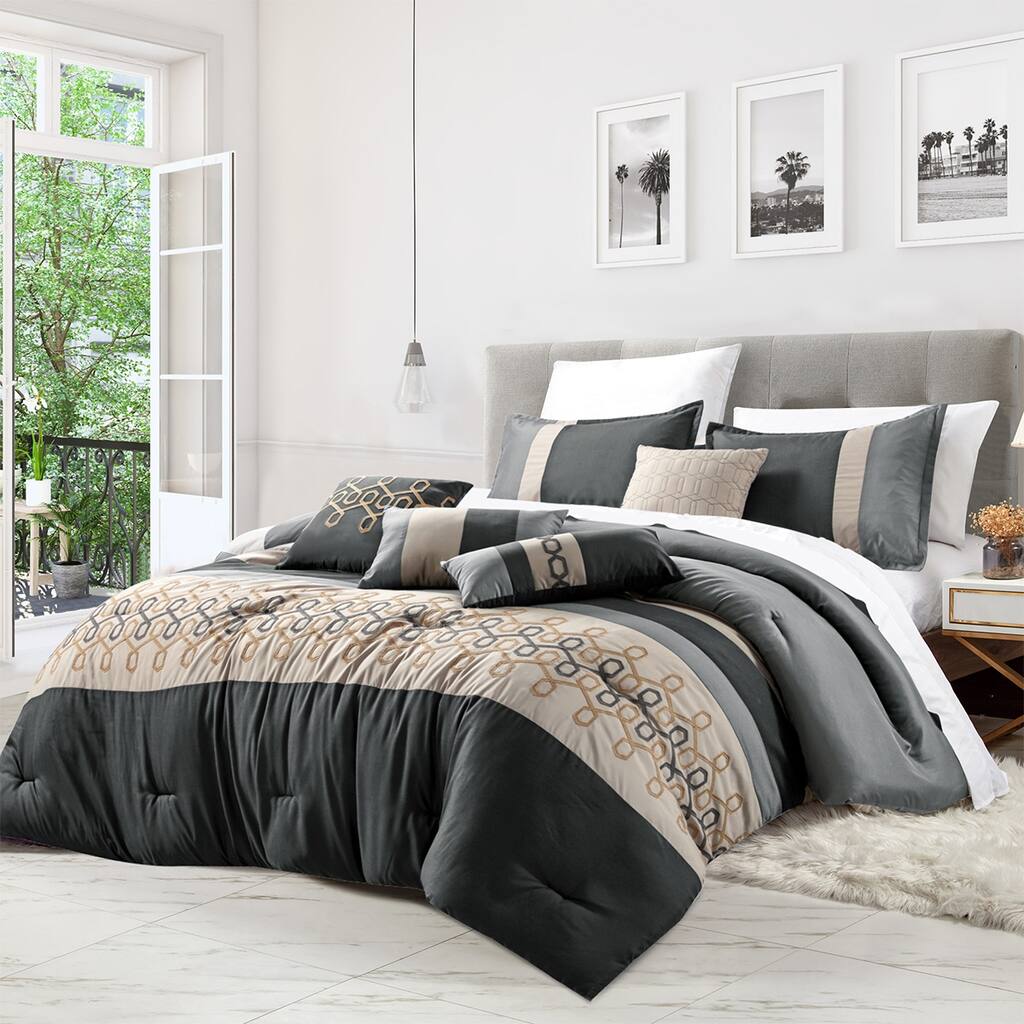 Wellco Bedding Comforter Set Bed In A Bag - 7 Piece Luxury Abir microfiber Bedding Sets - Oversized Bedroom Comforters