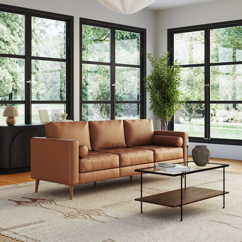 Breeze Mid Century Modern Sofa, Leather Couch with Tufted Cushion and Solid Wood Frame