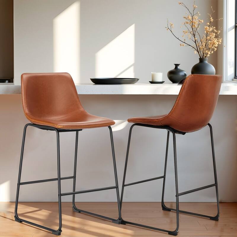 Classic Faux Leather 26 Inch Counter Height Bar Stools Set of 2 with Back and Metal Leg for Kitchen lsland - Brown-29“H