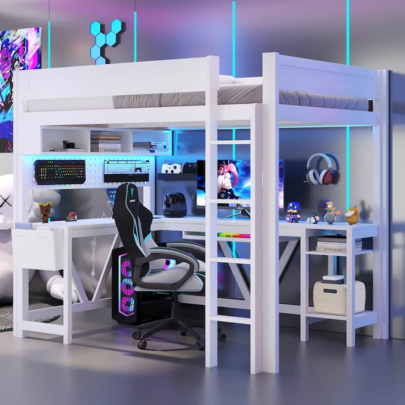 Wood Full Size Gaming Loft Bed Frame with Computer Desk, Grid Storage Panel, Storage Shelves, Cabinet, LED and Charging Station