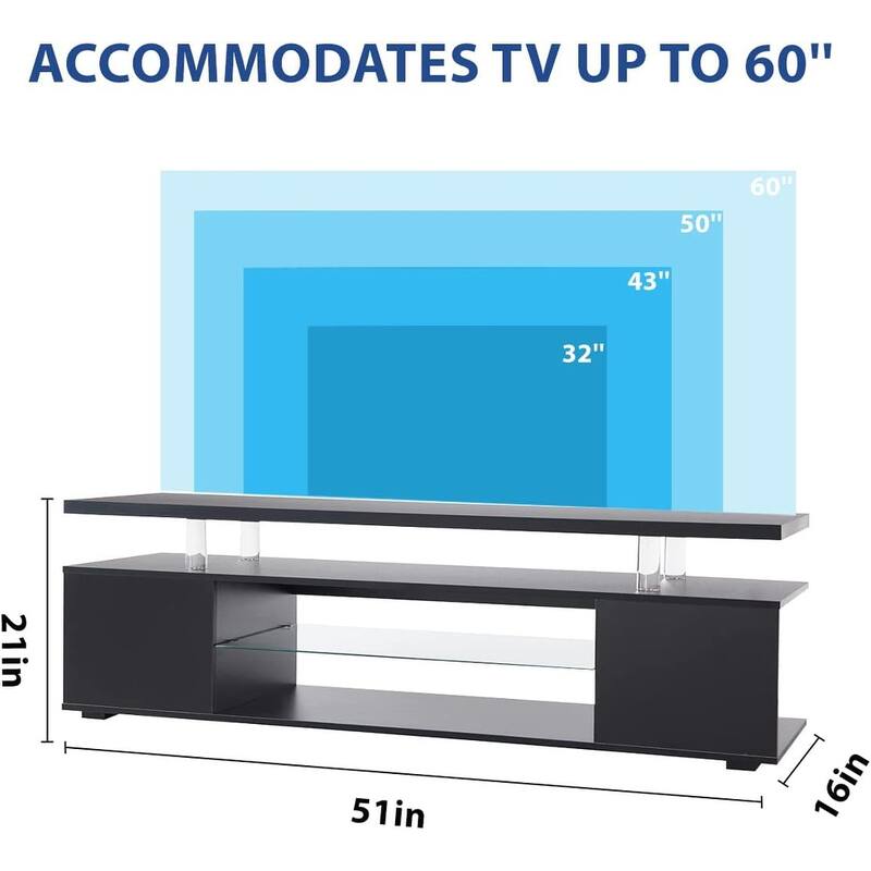 Modern LED TV Stand, Gaming Entertainment Center Media, for 60 Inch TV Table with Side Cabinet, for Living Room, Black