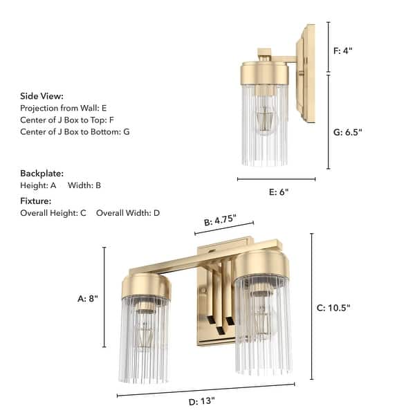 dimension image slide 6 of 8, Hunter Gatz Ribbed Glass Vanity Wall Light - Bathroom - Glam, Fluted Glass - Damp Rated!