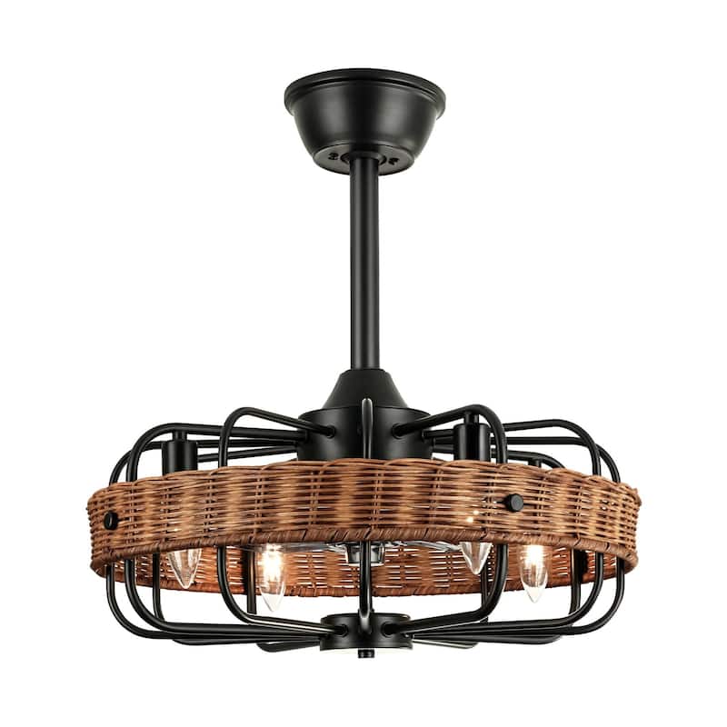 4-Light Farmhouse Modern Brown Drum Ceiling Fan Lighting with Woven Rattan Accent - 18.5 in. W x 5.7 in. H