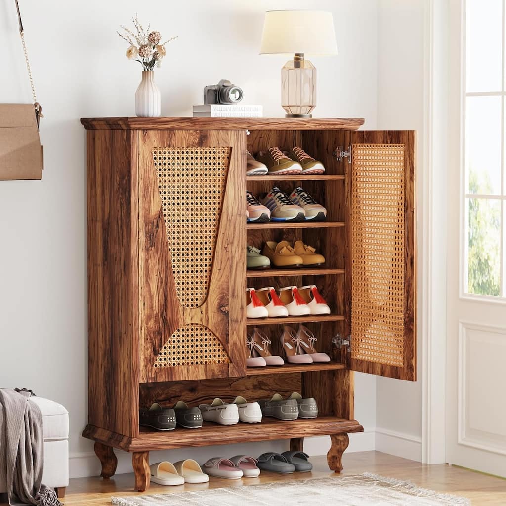 25" Modern Rattan Natural Wood Shoe Cabinet with 5-Tier
