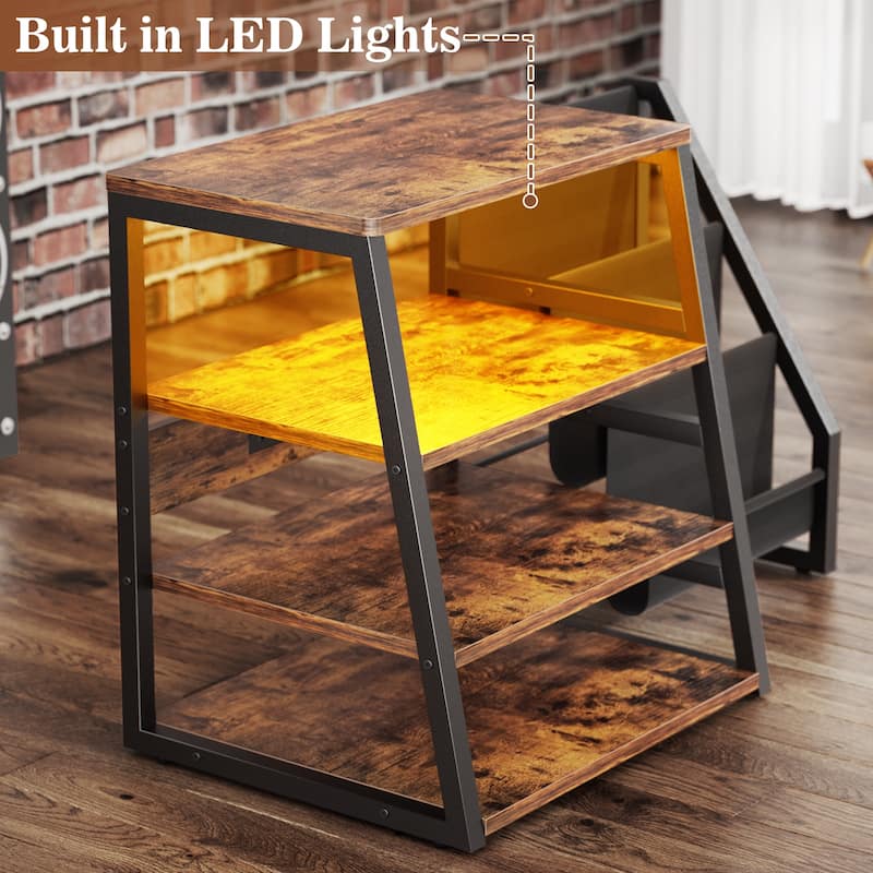 4-Tier Record Player Stand with Vinyl Record Storage ＆ LED Light ＆ Charging Station, Record Player Table, Media Console