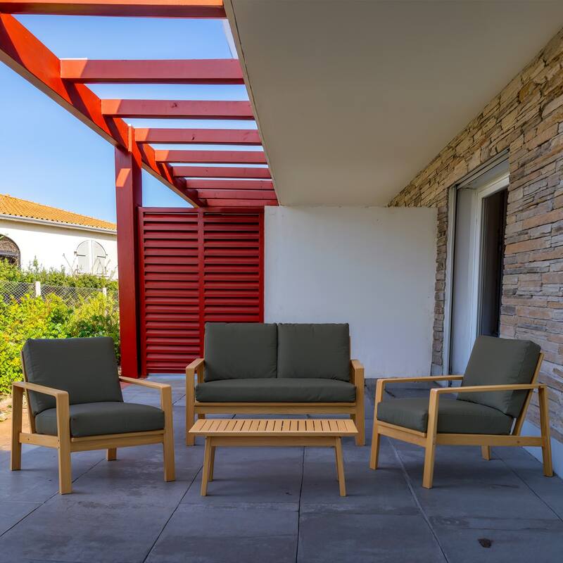 4 PCS Acacia Wooden Patio Conversation Set Outdoor Furniture - Grey