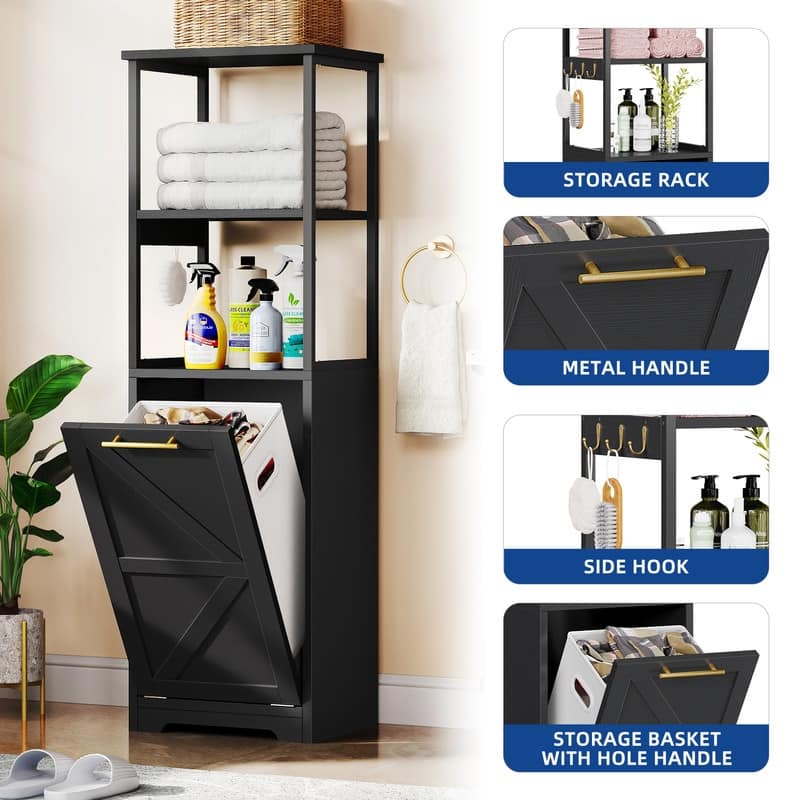 Moasis 53"H 3-Tier Tilt Out Laundry Hamper Bathroom Storage Shelf Cabinet with Basket