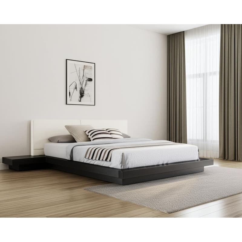 HomeRoots Black and White Wood And Faux Leather King Bed Frame With Attached Nightstands - King