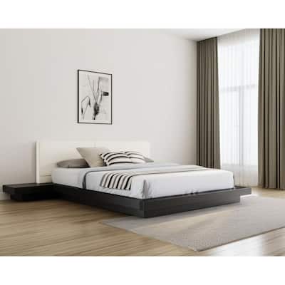 HomeRoots Black and White Wood And Faux Leather King Bed Frame With Attached Nightstands