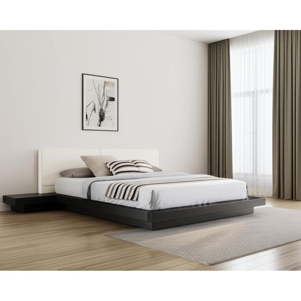 HomeRoots Black and White Wood And Faux Leather King Bed Frame With Attached Nightstands