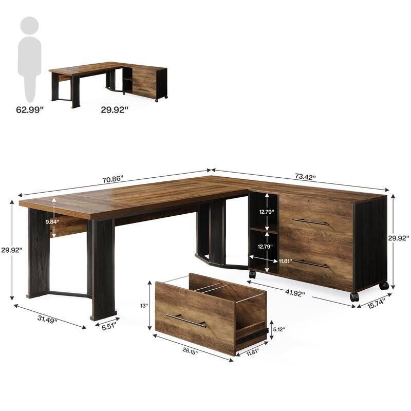 Brown Wood L Shaped Executive Desk Computer Desk with File Cabinet