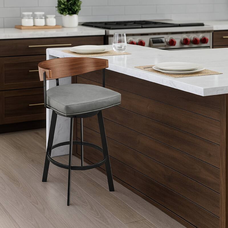Lasie Swivel Barstool Chair, Barrel Back, Walnut Brown, Gray Faux Leather