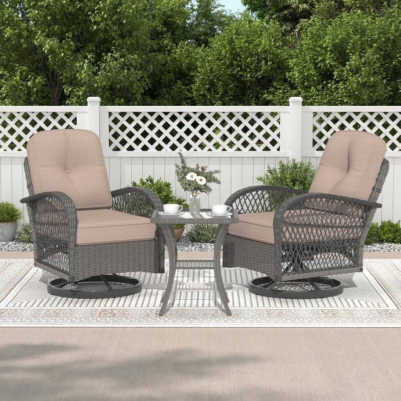 EROMMY Outdoor 3 Pieces Swivel Rocker Patio Chair Sets with Glass Table, All-Weather Wicker & Thickened Cushions for Backyard
