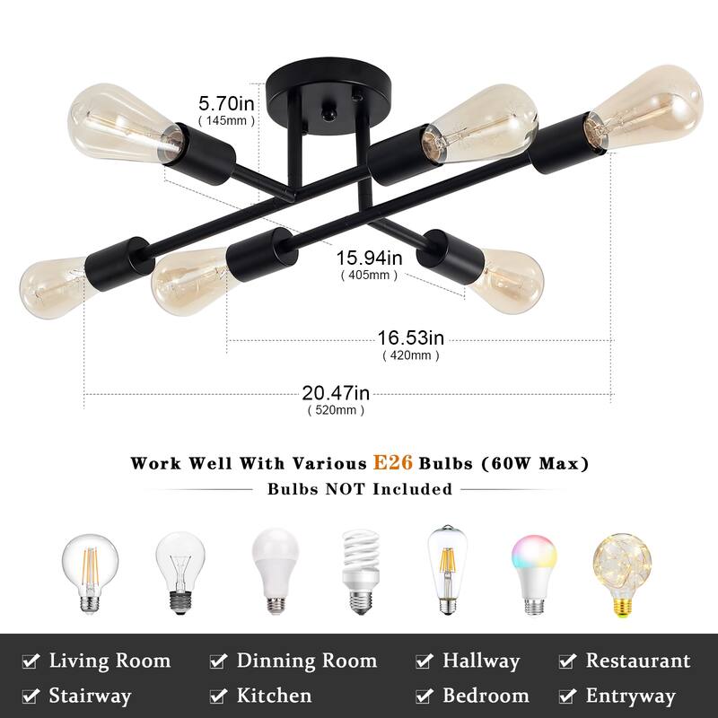 6-Light Modern Semi-Flush Mount Light for Bedroom Study Living Room