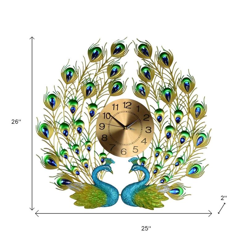 HomeRoots 25" Blue Green And Gold Metal Silent Analog Peacock Novelty Wall Clock - 25.00 in. x 26.00 in. x 2.00 in.