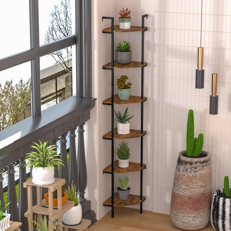 Rustic Brown Wall Mounted Corner Shelf - 11.81"D x 11.81"W x 70"H