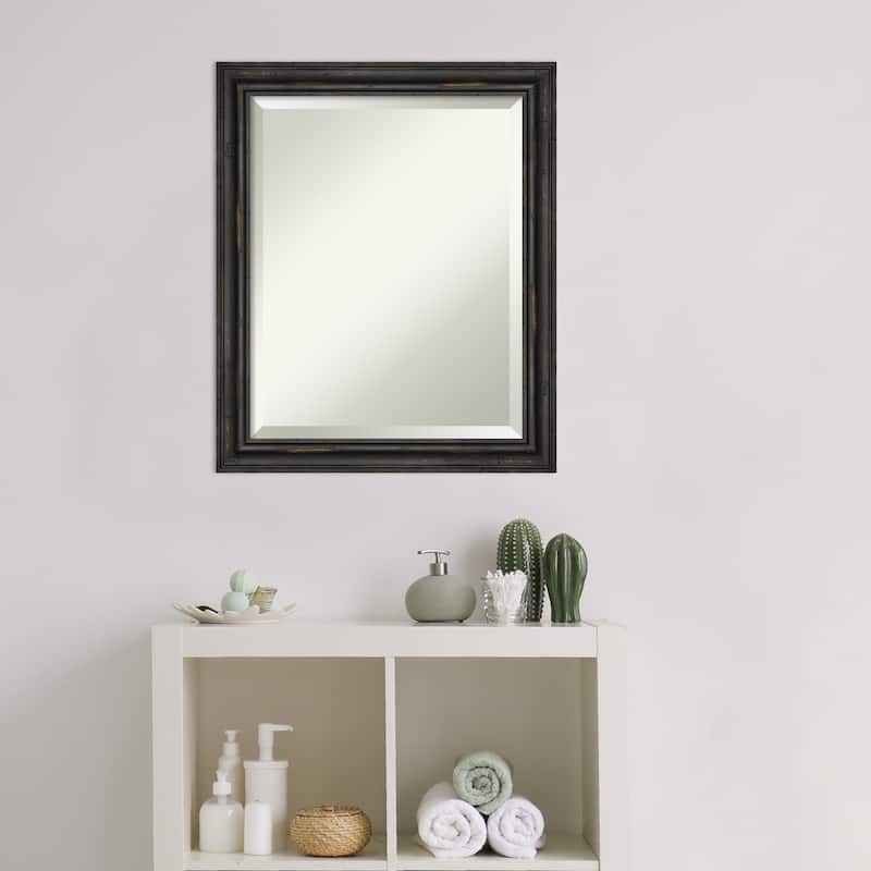 Beveled Wood Bathroom Wall Mirror - Rustic Pine Black Narrow Frame