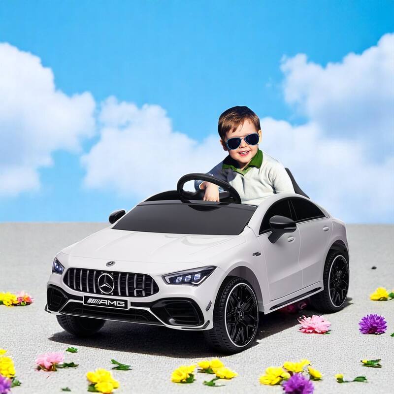 12V Licensed Electric Car Mercedes-AMG CLA 45 Ride-On Car for Kids with Remote Control, LED Lights, Music - Electric Vehicle - White
