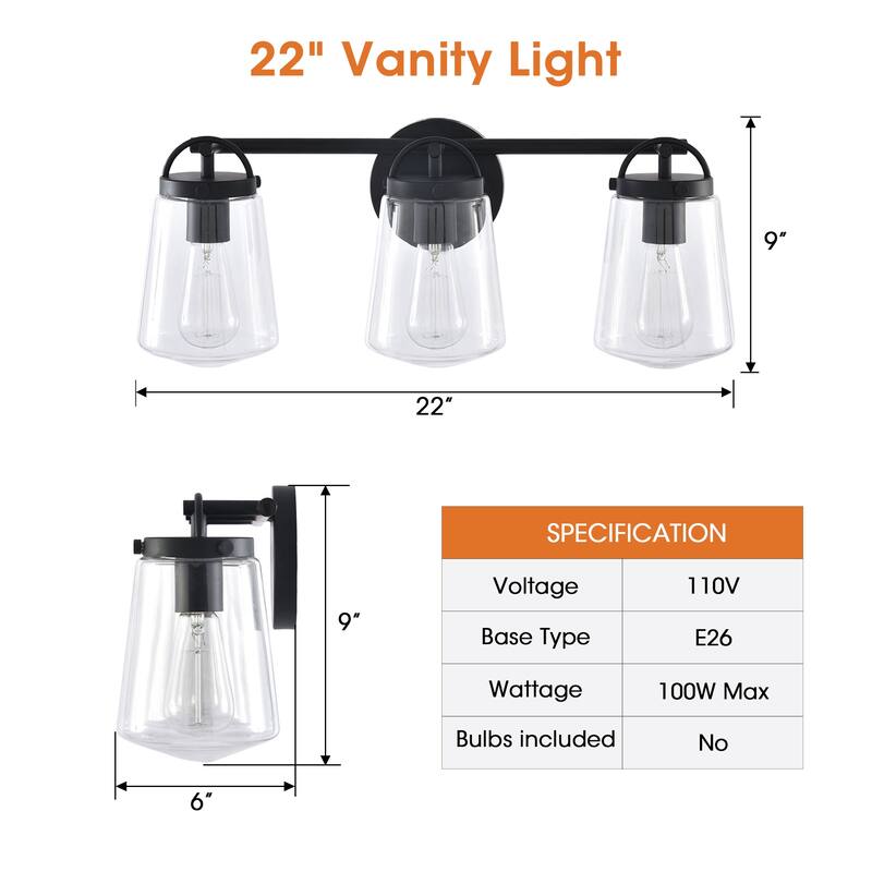 22" Modern 3-Light Glass Bathroom Vanity Wall Light Sconce