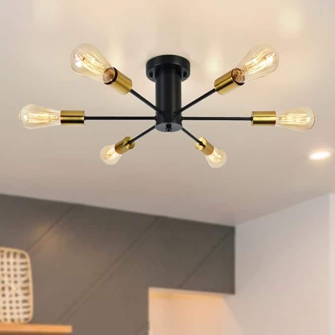 6-Light Mid Century Semi Flush Mount Chandelier for Dining Room - Black+Gold