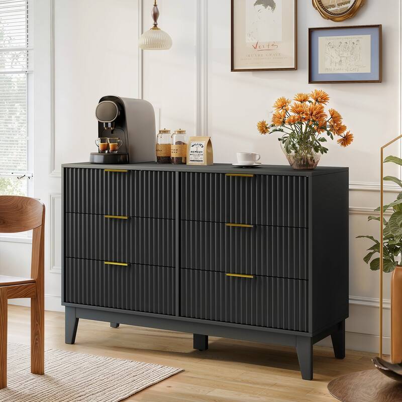 EROMMY Fluted Dresser 6 Drawer Mid Century Modern Dresser Wide Chest of Drawers with Metal Handles for Bedroom Living Room