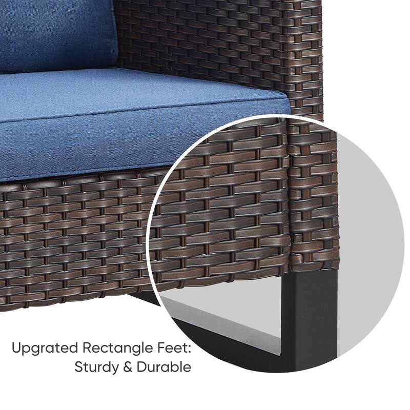 Outdoor PE Wicker Conversation with Fire Pit Table - Blue cushion - Brown
