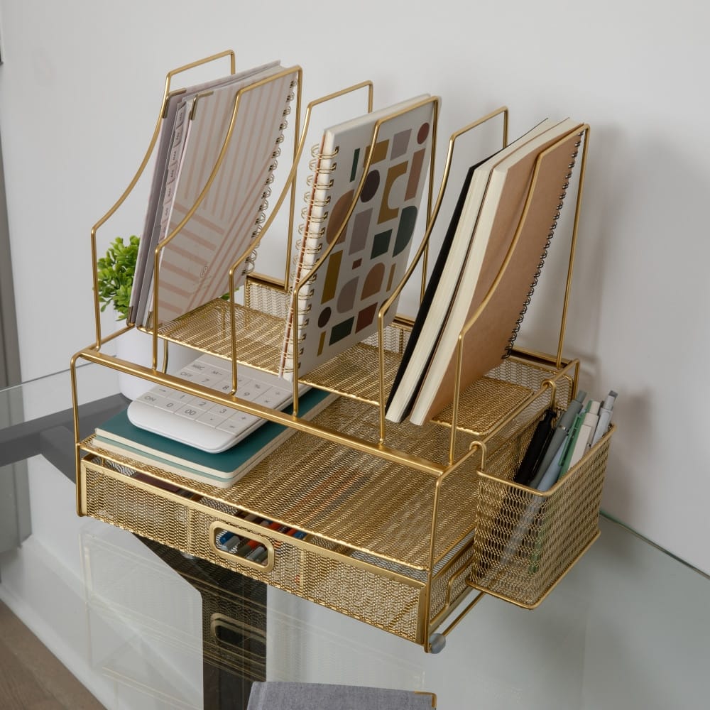 Martha Stewart Premium Large Mesh Metal Desktop Storage Organizer With Drawer
