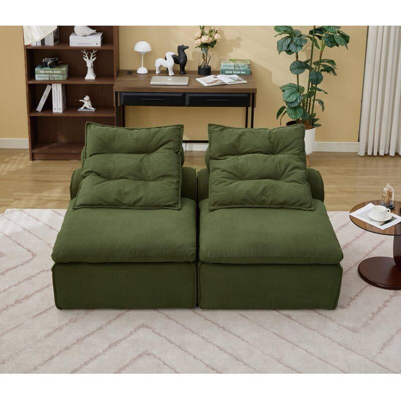 Corduroy Modular Sofa with Lumbar Pillow, 2 Seater Armless Upholstered Sofa Chair, Lounge Couch Chair for Small Spaces