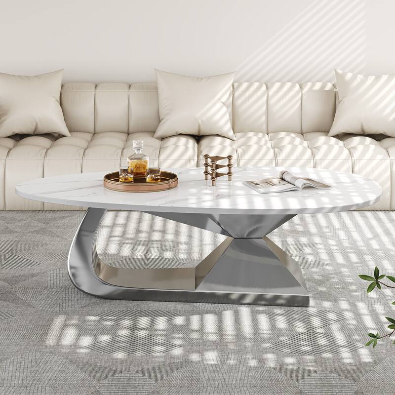 51 Inch Modern Sintered Stone Coffee Table with Stainless Steel Base